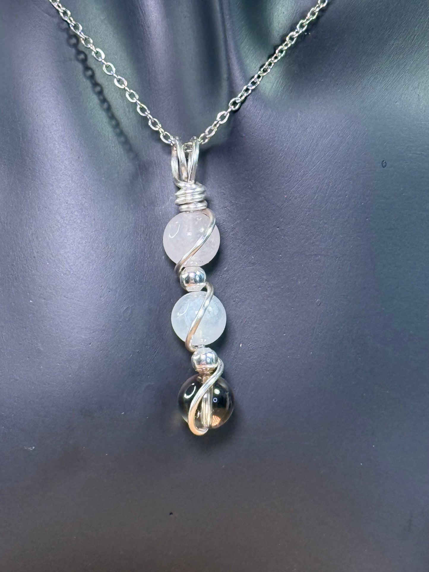Lunar Heart Guardian Trinity Pendant - Smoky Quartz- Moonstone - Rose Quartz