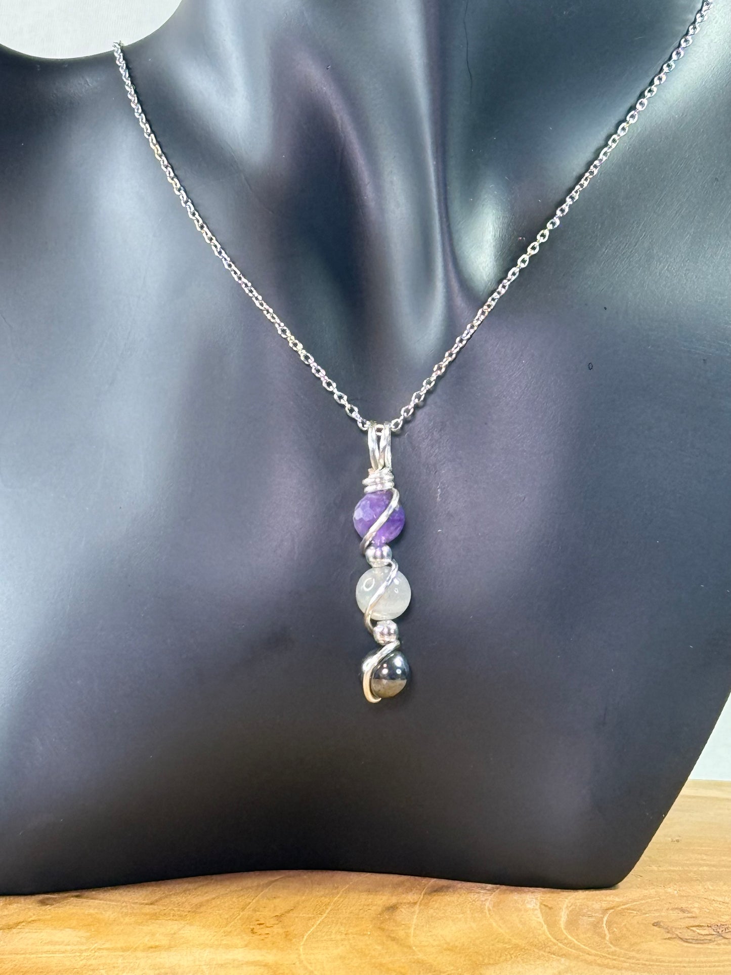 Ironveil Trinity Pendant Hematite - Labradorite - Faceted Amethyst