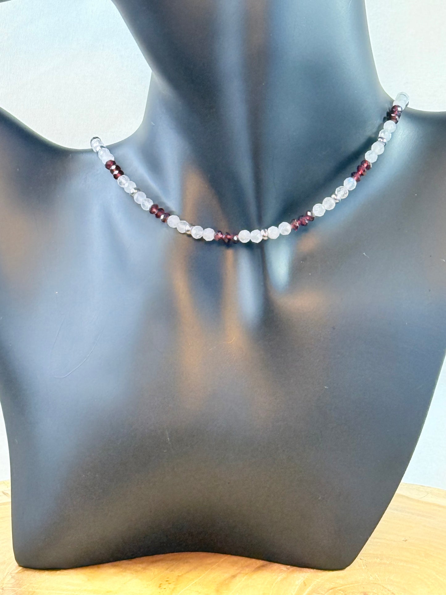 Luminous Flame - Whispers Of Light Collection Amethyst, Carnelian & Clear Quartz Faceted Choker – 4mm Crystals, Stainless Steel findings, 15” + 2” Extender