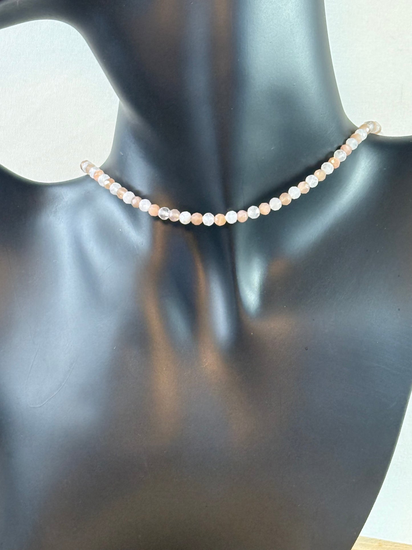 Dawn & Dusk - Sunstone & Moonstone Faceted Choker, 4mm Crystals, Stainless Steel Findings, 15" + 2" Extender