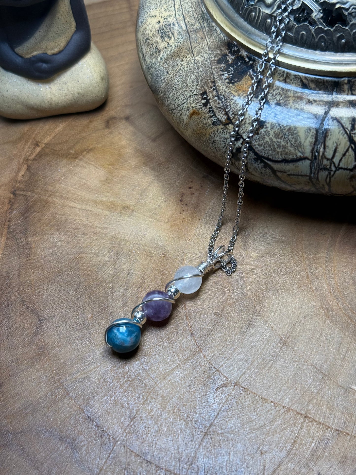 Trinity Of Insight Pendant - Blue Apatite, Faceted Amethyst, & Moonstone