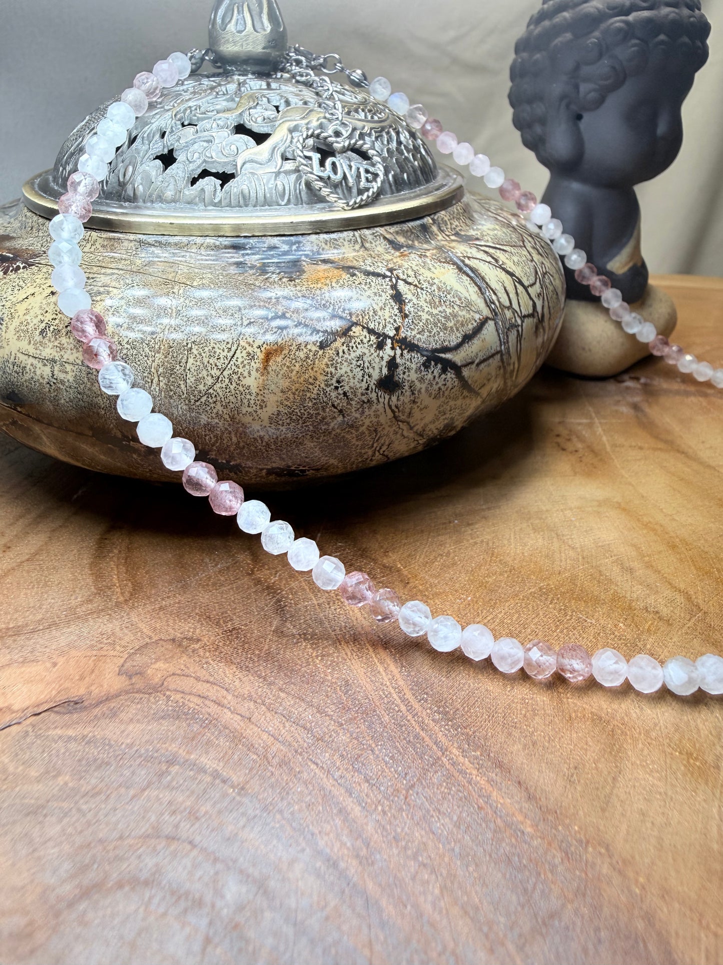 Soft Bloom- Whispers of Light Collection - Moonstone, Strawberry Quartz & Rose Quartz faceted Choker, 4mm Crystals, Stainless Steel Finding 15" + 2" Extender