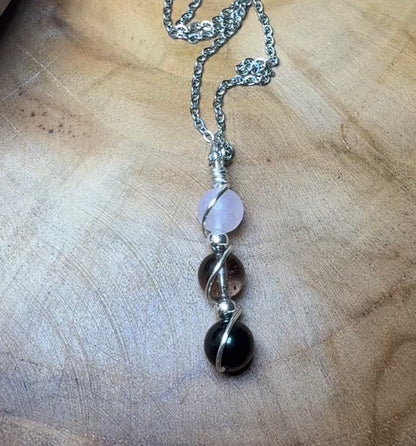 Sacred Heart Trinity Pendant  Obsidian - Smokey - Quartz - Rose Quartz
