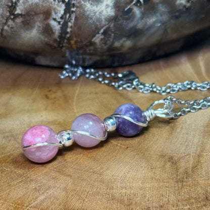 Heart Harmony Trinity Pendant - Cherry Rhodonite, Lavender Rose Quartz & Lepidolite
