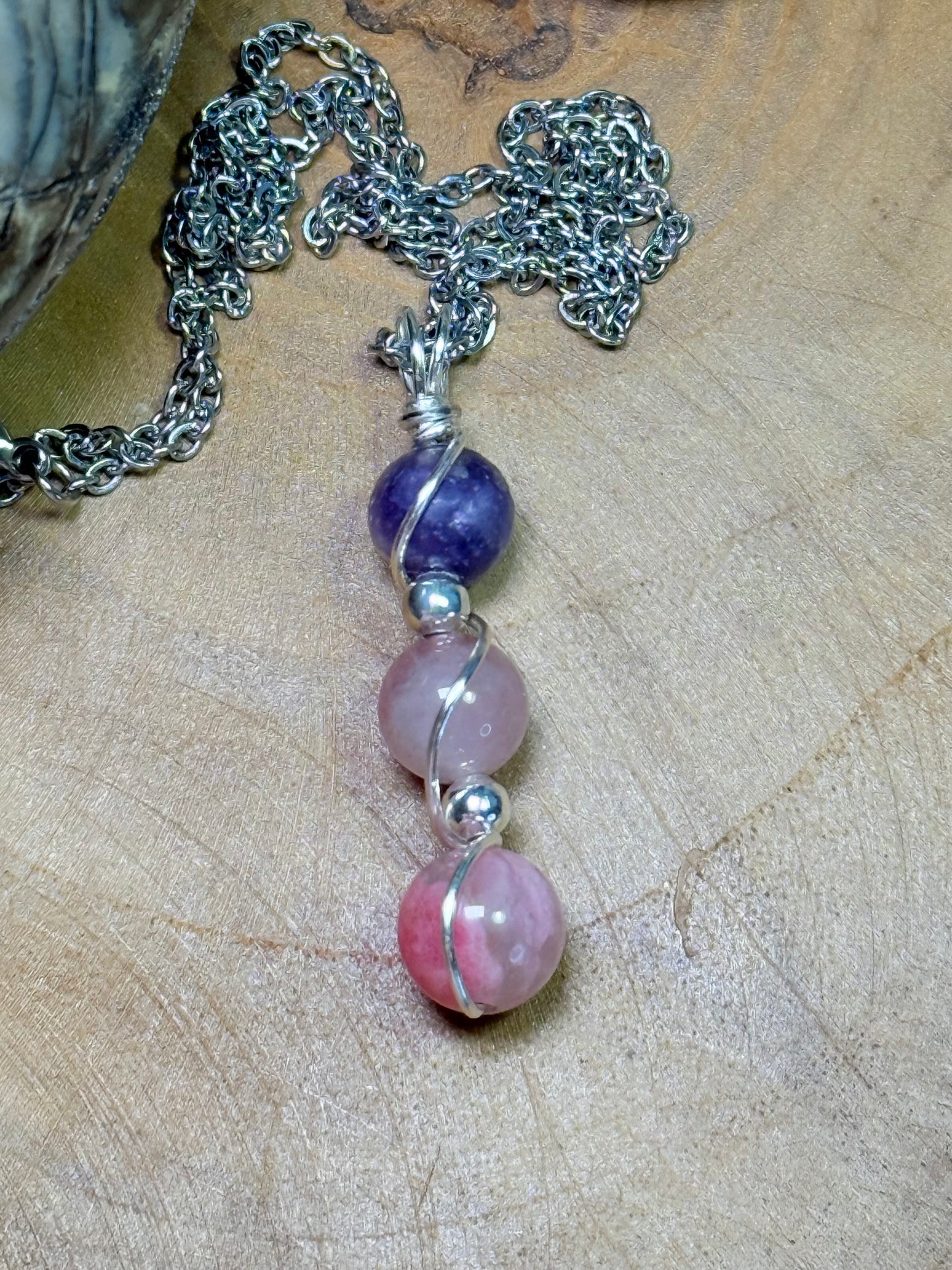 Heart Harmony Trinity Pendant - Cherry Rhodonite, Lavender Rose Quartz & Lepidolite