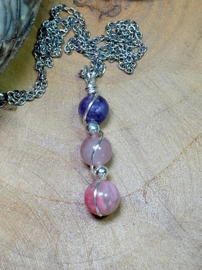 Heart Harmony Trinity Pendant - Cherry Rhodonite, Lavender Rose Quartz & Lepidolite