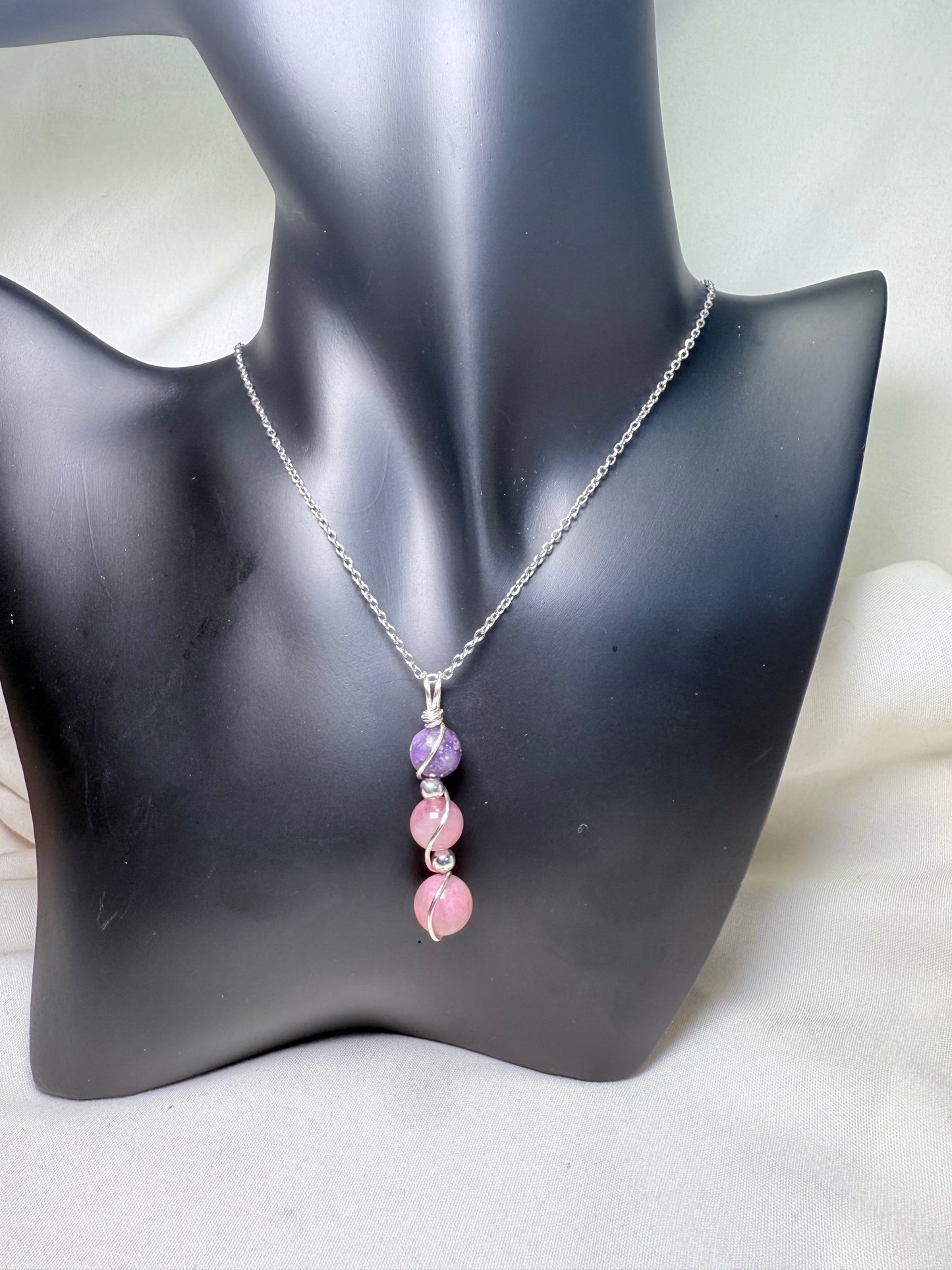 Heart Harmony Trinity Pendant - Cherry Rhodonite, Lavender Rose Quartz & Lepidolite