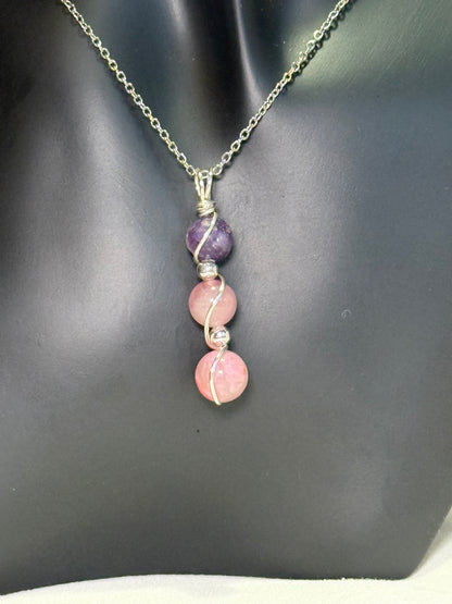 Heart Harmony Trinity Pendant - Cherry Rhodonite, Lavender Rose Quartz & Lepidolite