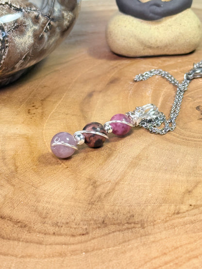 Heartmender Goddess Trinity Pendant Lavender Rose Quartz - Rhodonite - Cherry Rhodonite