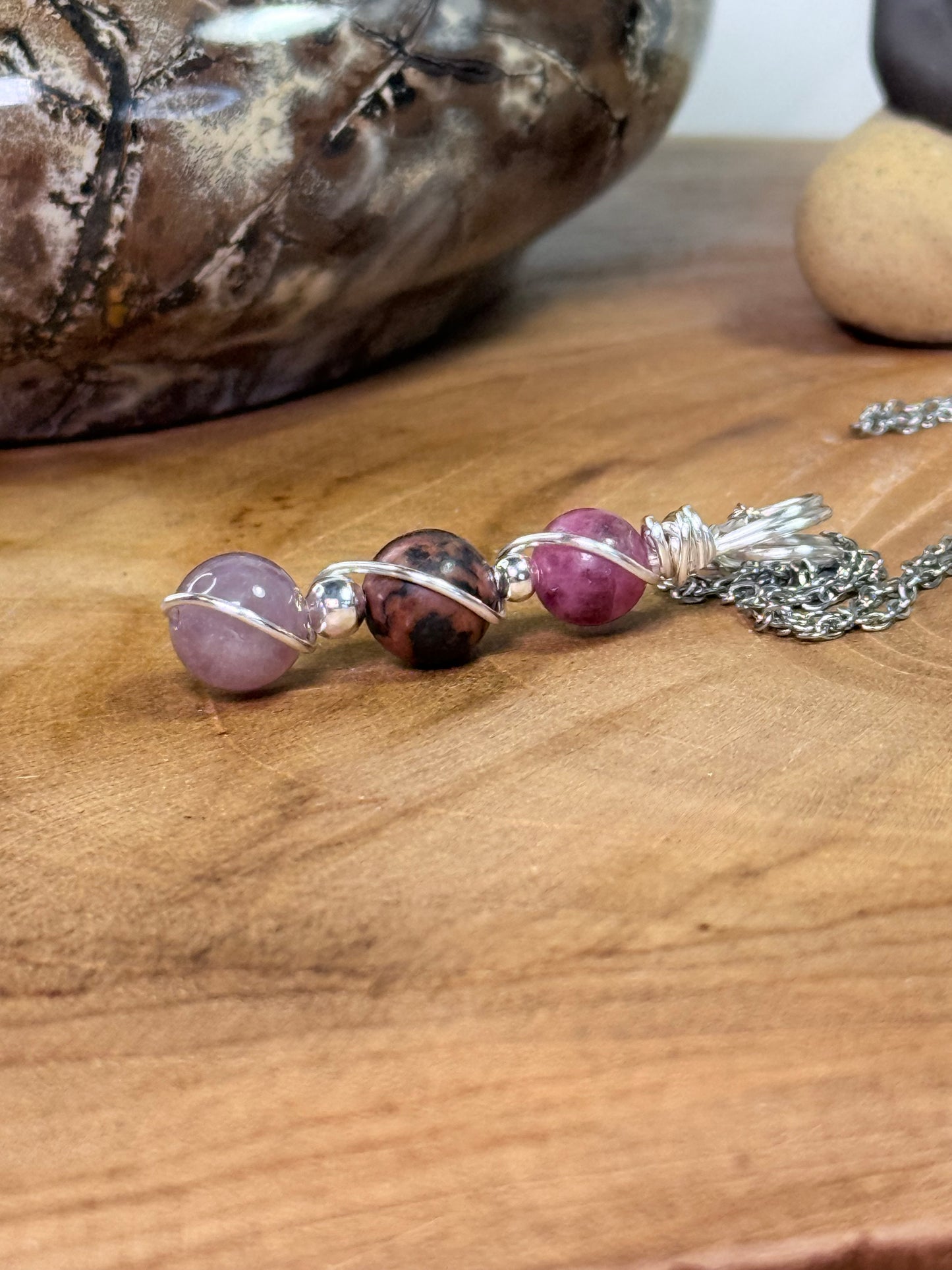 Heartmender Goddess Trinity Pendant Lavender Rose Quartz - Rhodonite - Cherry Rhodonite