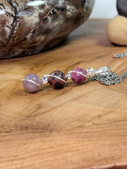 Heartmender Goddess Trinity Pendant Lavender Rose Quartz - Rhodonite - Cherry Rhodonite