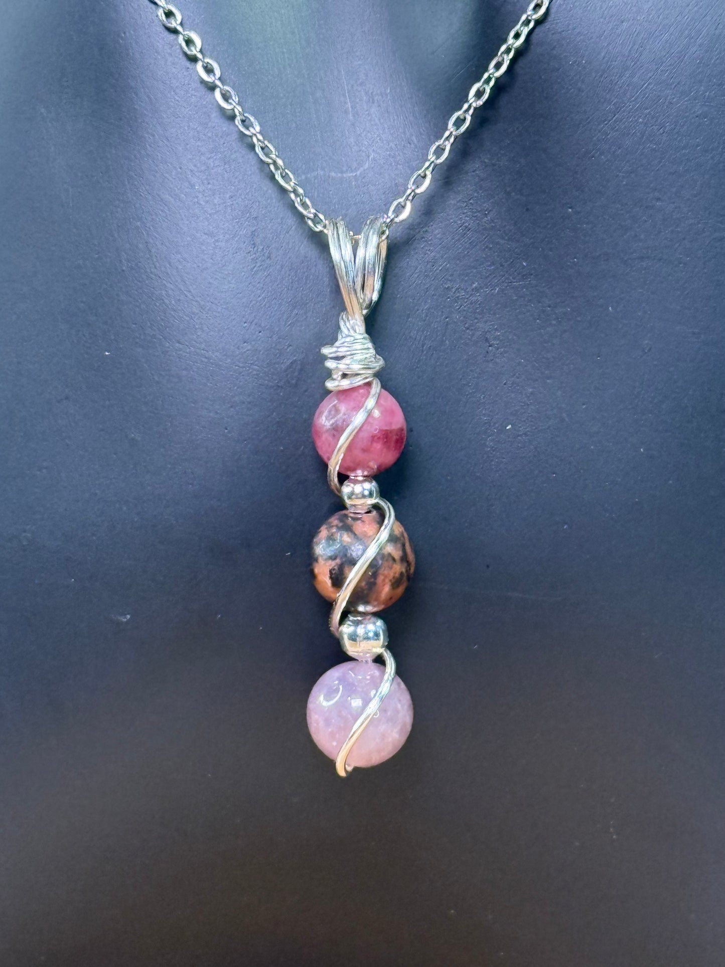 Heartmender Goddess Trinity Pendant Lavender Rose Quartz - Rhodonite - Cherry Rhodonite