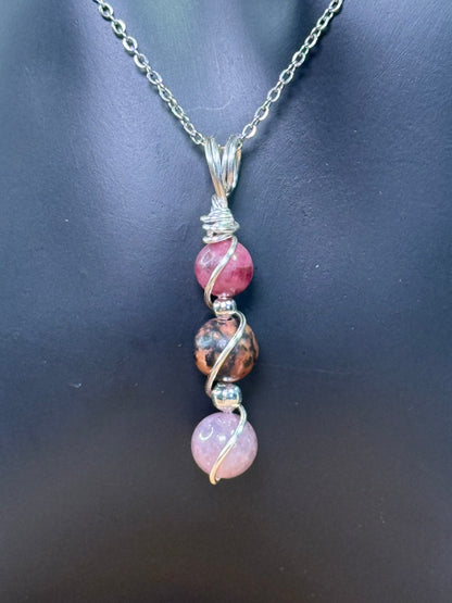 Heartmender Goddess Trinity Pendant Lavender Rose Quartz - Rhodonite - Cherry Rhodonite