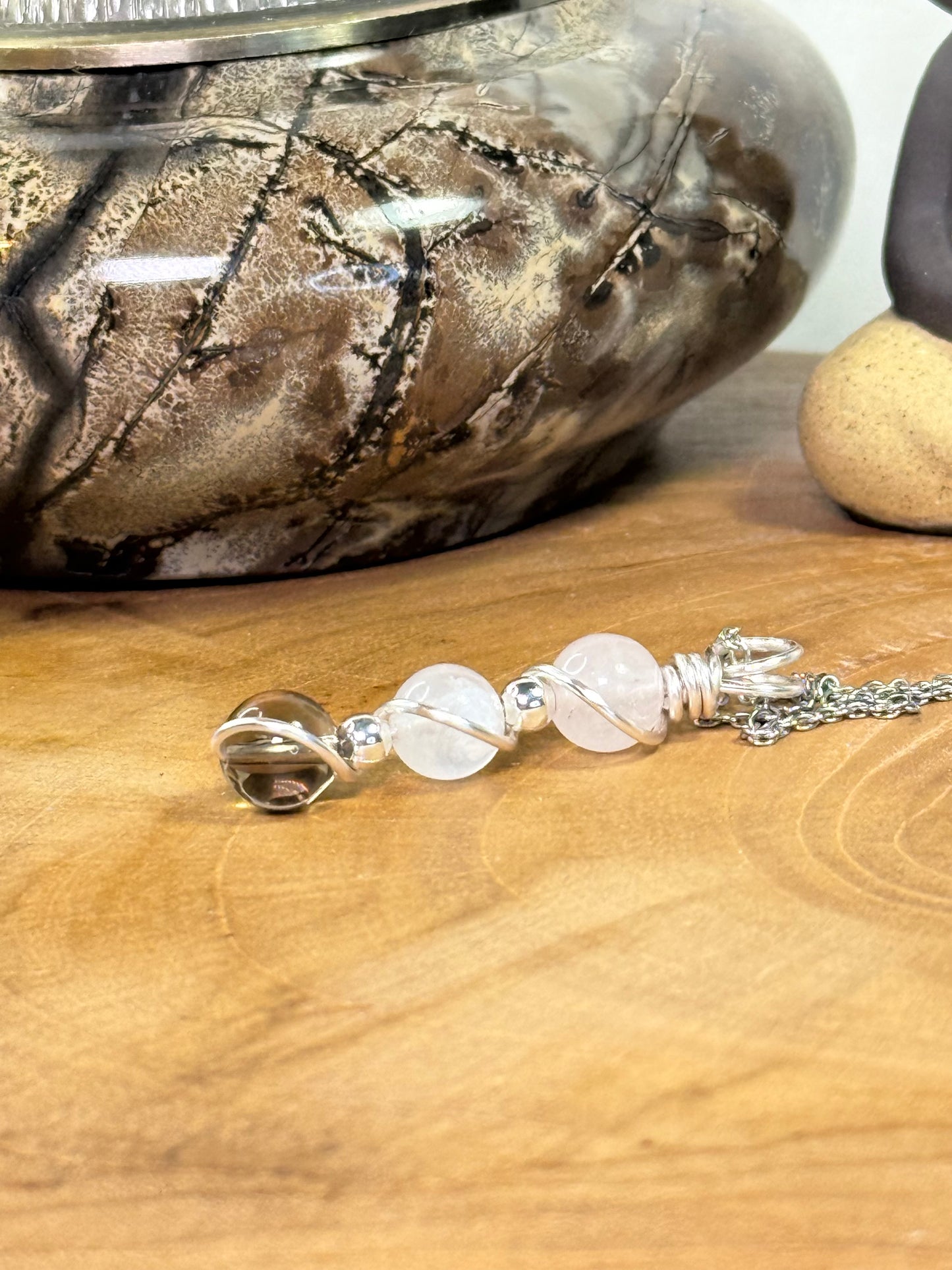 Lunar Heart Guardian Trinity Pendant - Smoky Quartz- Moonstone - Rose Quartz