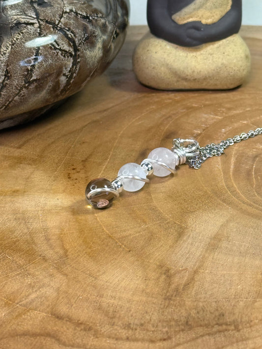 Lunar Heart Guardian Trinity Pendant - Smoky Quartz- Moonstone - Rose Quartz