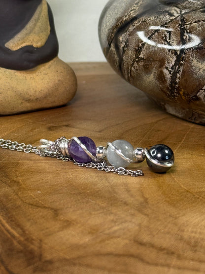 Ironveil Trinity Pendant Hematite - Labradorite - Faceted Amethyst