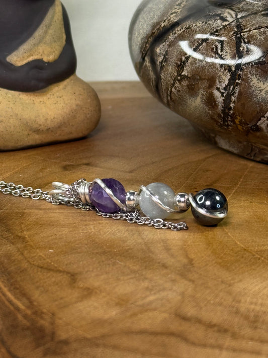 Ironveil Trinity Pendant Hematite - Labradorite - Faceted Amethyst
