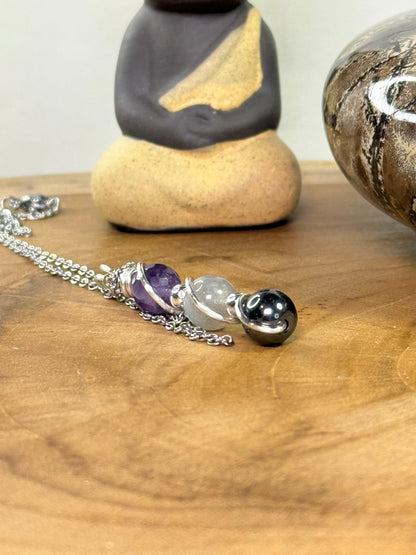 Ironveil Trinity Pendant Hematite - Labradorite - Faceted Amethyst