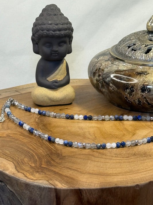 Starborne Oracle - Whispers Of Light Collection Amethyst, Carnelian & Clear Quartz Faceted Choker – 4mm Crystals, Stainless Steel findings, 15” + 2” Extender