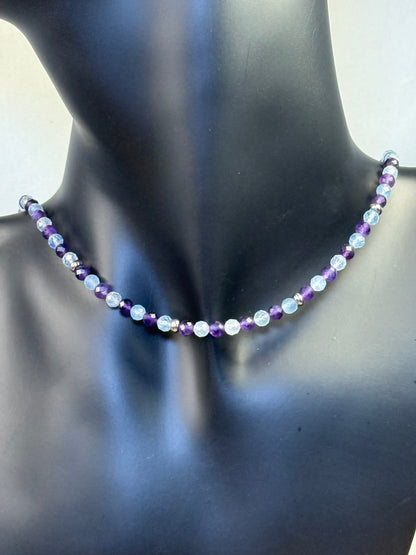 Tranquil Tide - Whispers Of Light Collection Amethyst, Carnelian & Clear Quartz Faceted Choker – 4mm Crystals, Stainless Steel findings, 15” + 2” Extender