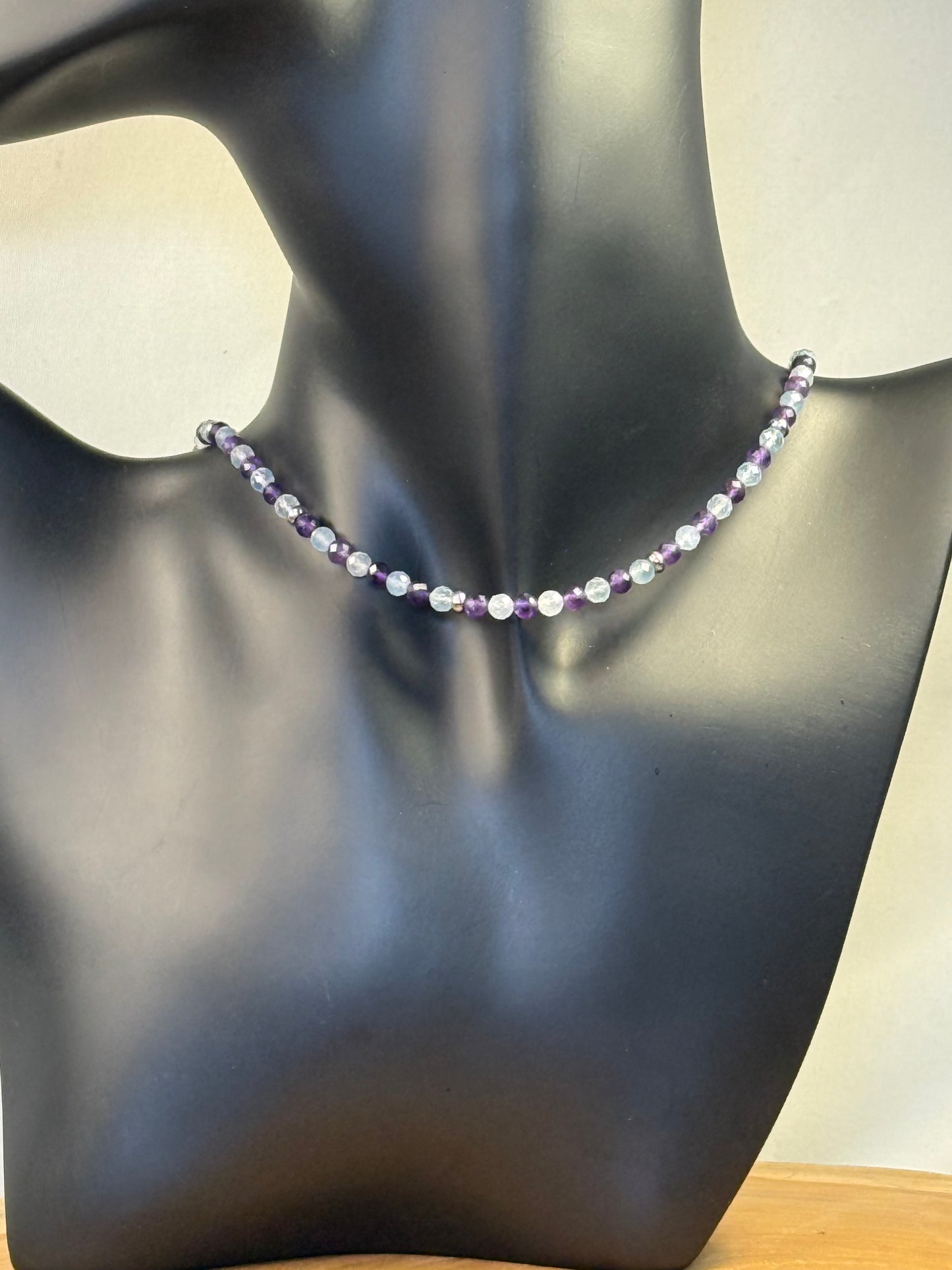 Tranquil Tide - Whispers Of Light Collection Amethyst, Carnelian & Clear Quartz Faceted Choker – 4mm Crystals, Stainless Steel findings, 15” + 2” Extender