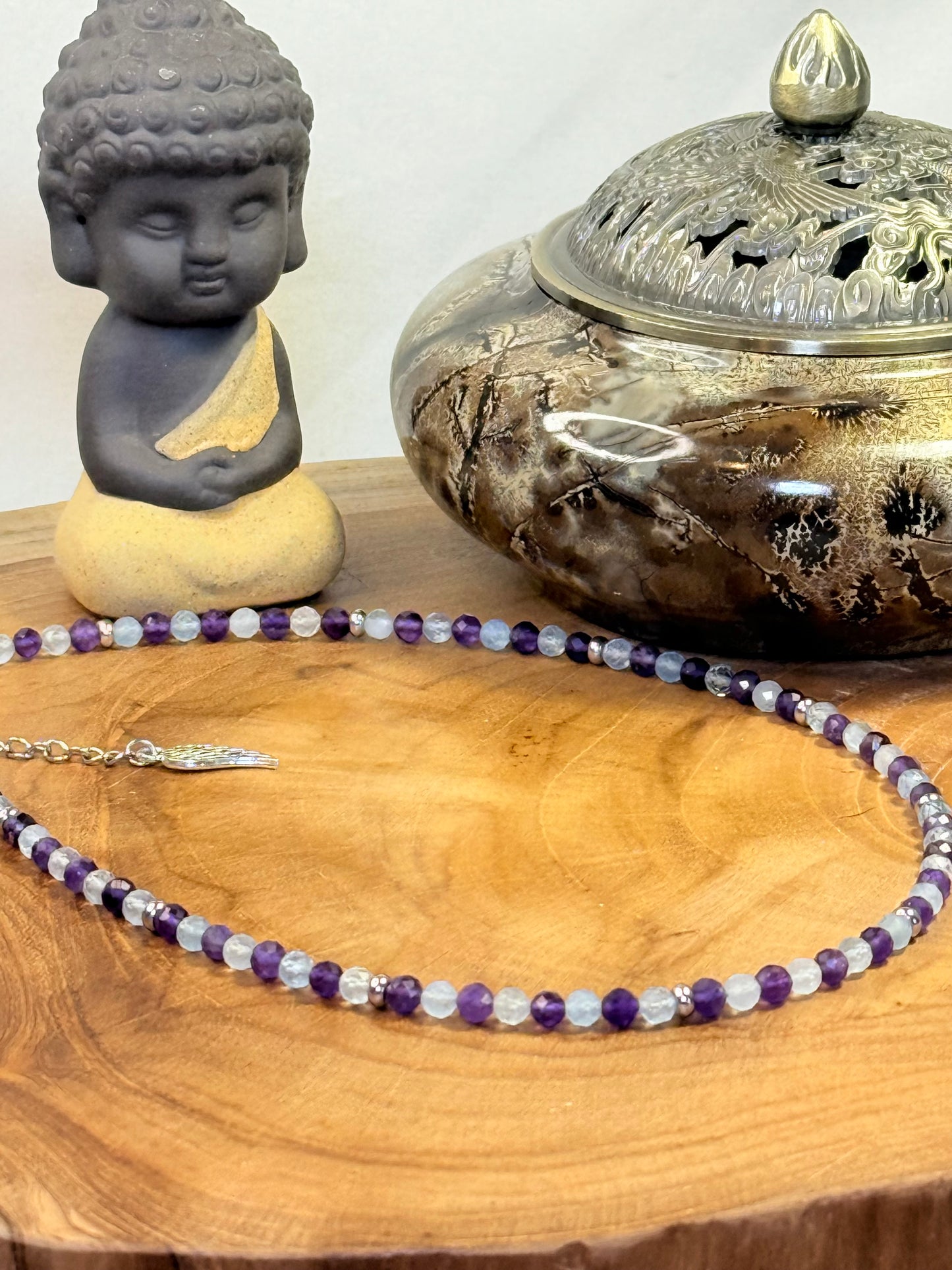Tranquil Tide - Whispers Of Light Collection Amethyst, Carnelian & Clear Quartz Faceted Choker – 4mm Crystals, Stainless Steel findings, 15” + 2” Extender
