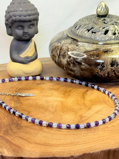Tranquil Tide - Whispers Of Light Collection Amethyst, Carnelian & Clear Quartz Faceted Choker – 4mm Crystals, Stainless Steel findings, 15” + 2” Extender