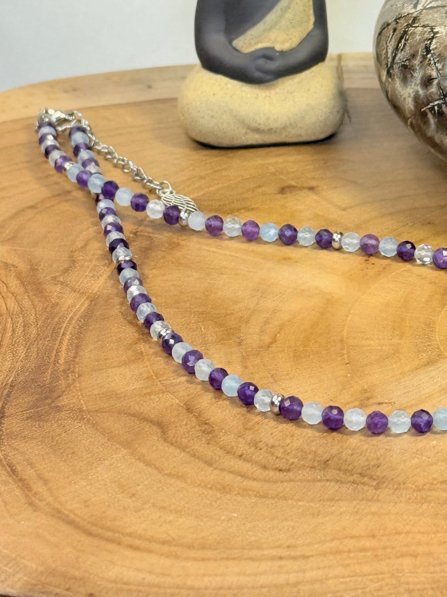 Tranquil Tide - Whispers Of Light Collection Amethyst, Carnelian & Clear Quartz Faceted Choker – 4mm Crystals, Stainless Steel findings, 15” + 2” Extender