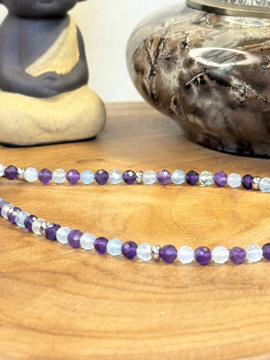 Tranquil Tide - Whispers Of Light Collection Amethyst, Carnelian & Clear Quartz Faceted Choker – 4mm Crystals, Stainless Steel findings, 15” + 2” Extender