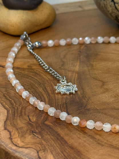 Dawn & Dusk - Sunstone & Moonstone Faceted Choker, 4mm Crystals, Stainless Steel Findings, 15" + 2" Extender
