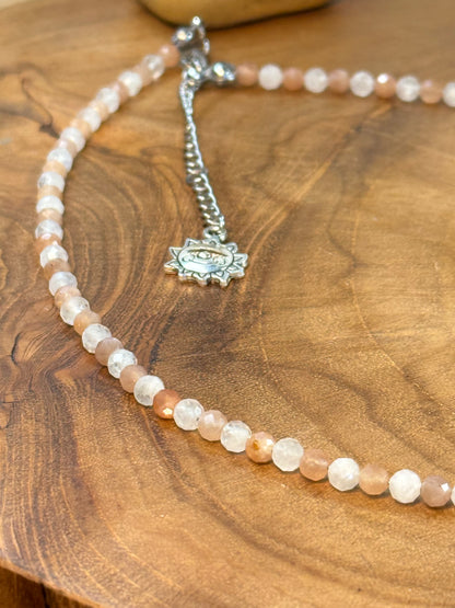 Dawn & Dusk - Sunstone & Moonstone Faceted Choker, 4mm Crystals, Stainless Steel Findings, 15" + 2" Extender