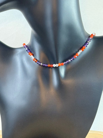 Vital Spirit - Whispers Of Light Collection Amethyst, Carnelian & Clear Quartz Faceted Choker – 4mm Crystals, Stainless Steel findings, 15” + 2” Extender