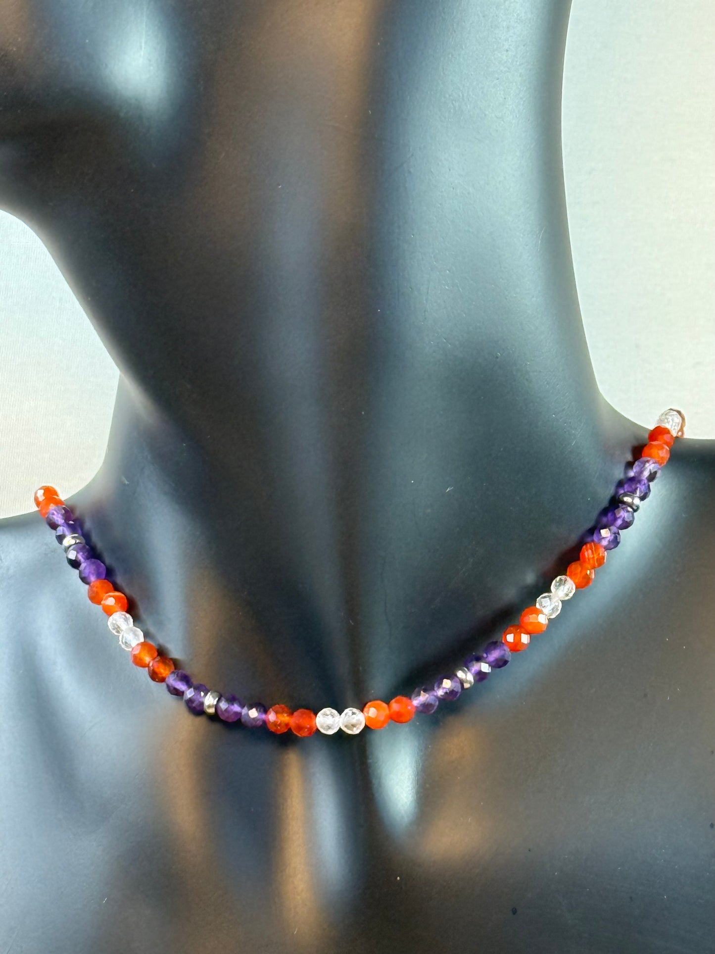 Vital Spirit - Whispers Of Light Collection Amethyst, Carnelian & Clear Quartz Faceted Choker – 4mm Crystals, Stainless Steel findings, 15” + 2” Extender