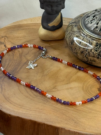 Vital Spirit - Whispers Of Light Collection Amethyst, Carnelian & Clear Quartz Faceted Choker – 4mm Crystals, Stainless Steel findings, 15” + 2” Extender