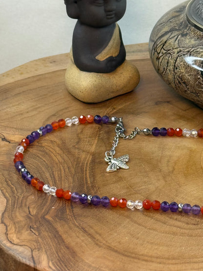 Vital Spirit - Whispers Of Light Collection Amethyst, Carnelian & Clear Quartz Faceted Choker – 4mm Crystals, Stainless Steel findings, 15” + 2” Extender