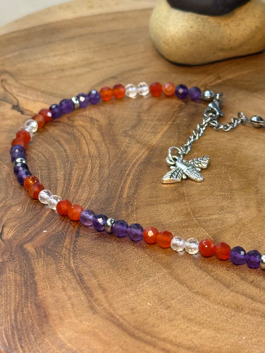 Vital Spirit - Whispers Of Light Collection Amethyst, Carnelian & Clear Quartz Faceted Choker – 4mm Crystals, Stainless Steel findings, 15” + 2” Extender