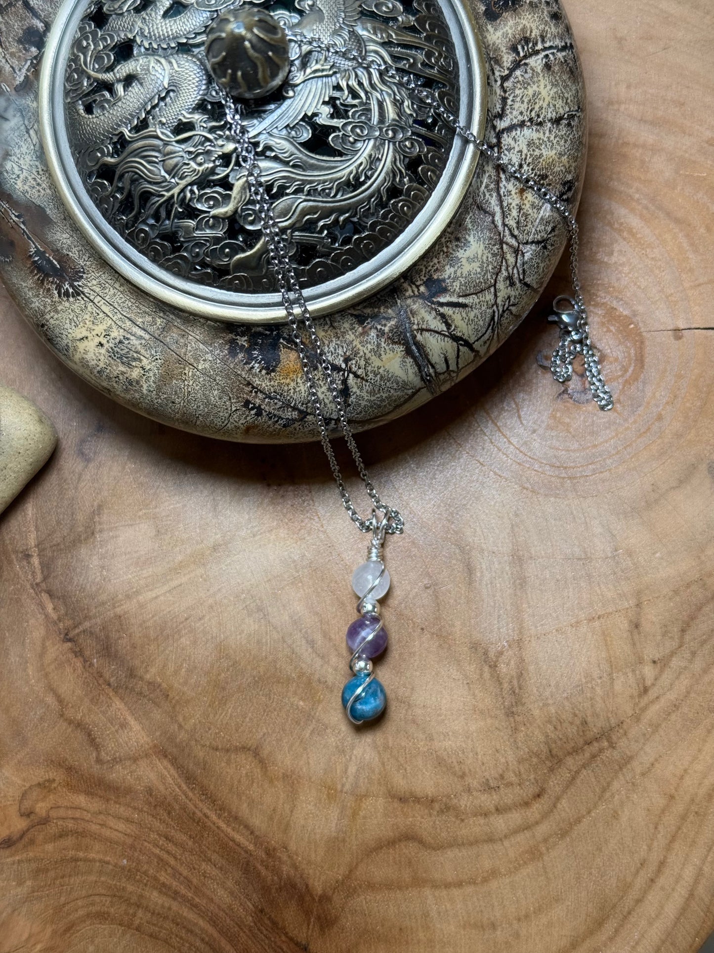 Trinity Of Insight Pendant - Blue Apatite, Faceted Amethyst, & Moonstone