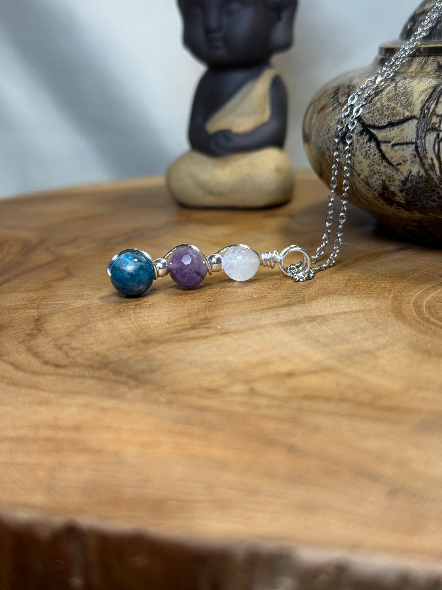 Trinity Of Insight Pendant - Blue Apatite, Faceted Amethyst, & Moonstone
