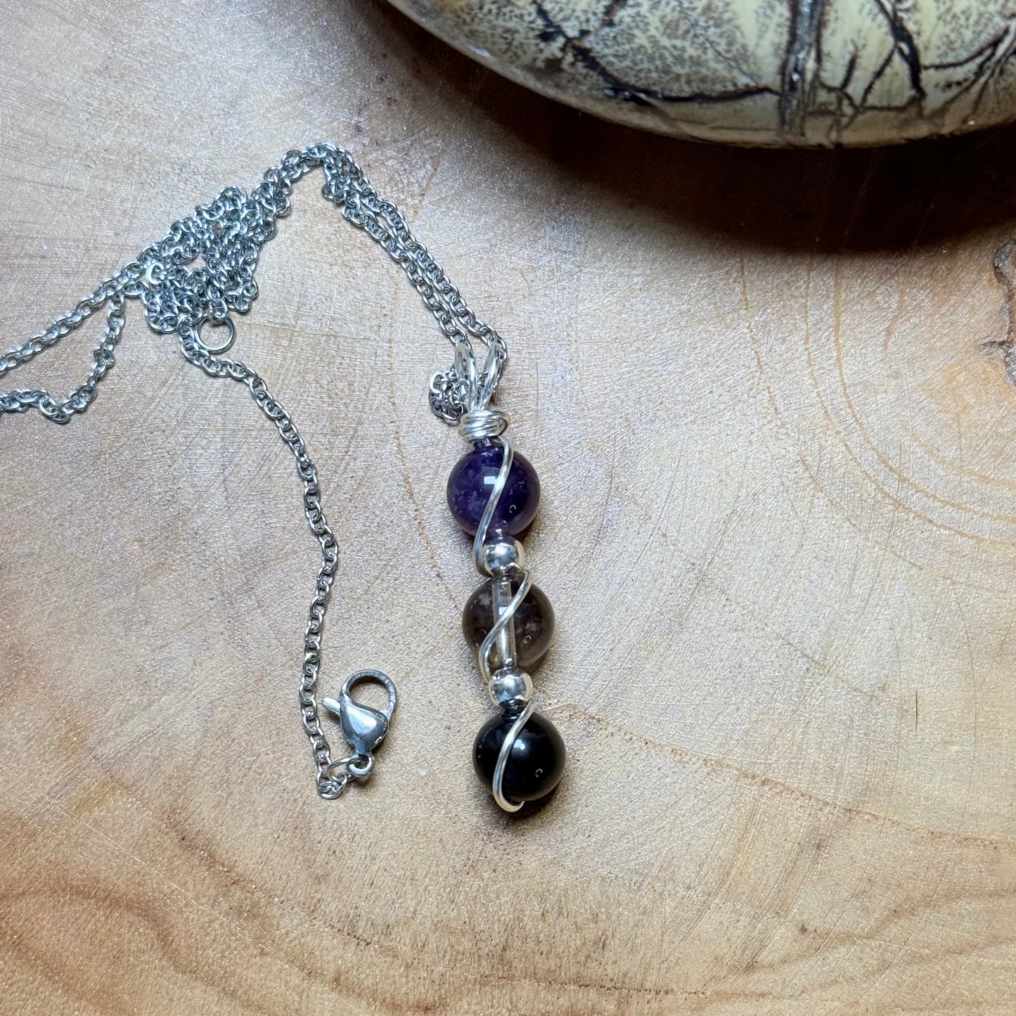 Sacred Shield Trinity Pendant - Obsidian, Smokey Quartz & Amethyst