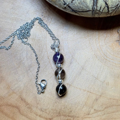 Sacred Shield Trinity Pendant - Obsidian, Smokey Quartz & Amethyst