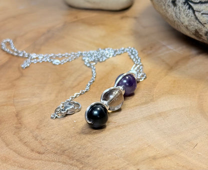 Sacred Shield Trinity Pendant - Obsidian, Smokey Quartz & Amethyst