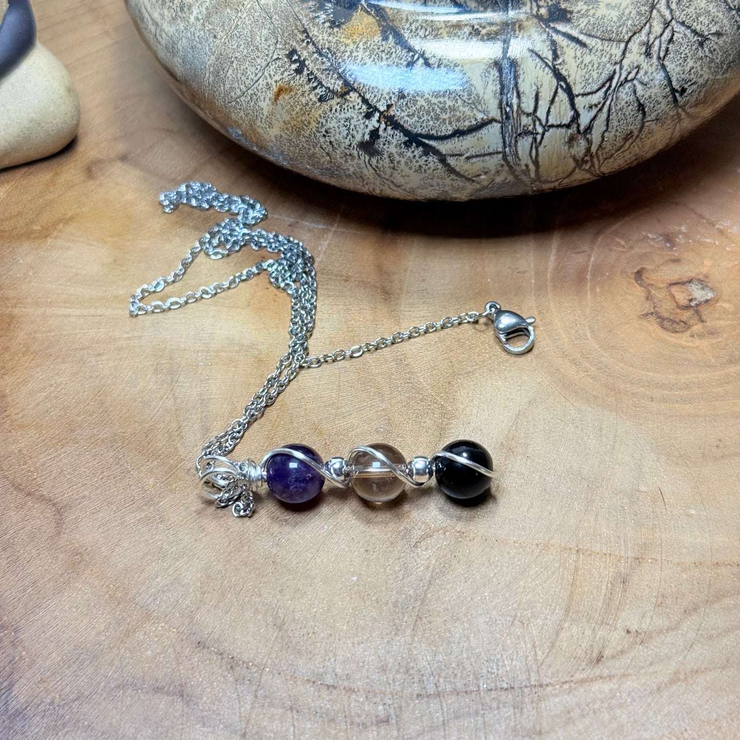 Sacred Shield Trinity Pendant - Obsidian, Smokey Quartz & Amethyst