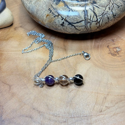 Sacred Shield Trinity Pendant - Obsidian, Smokey Quartz & Amethyst