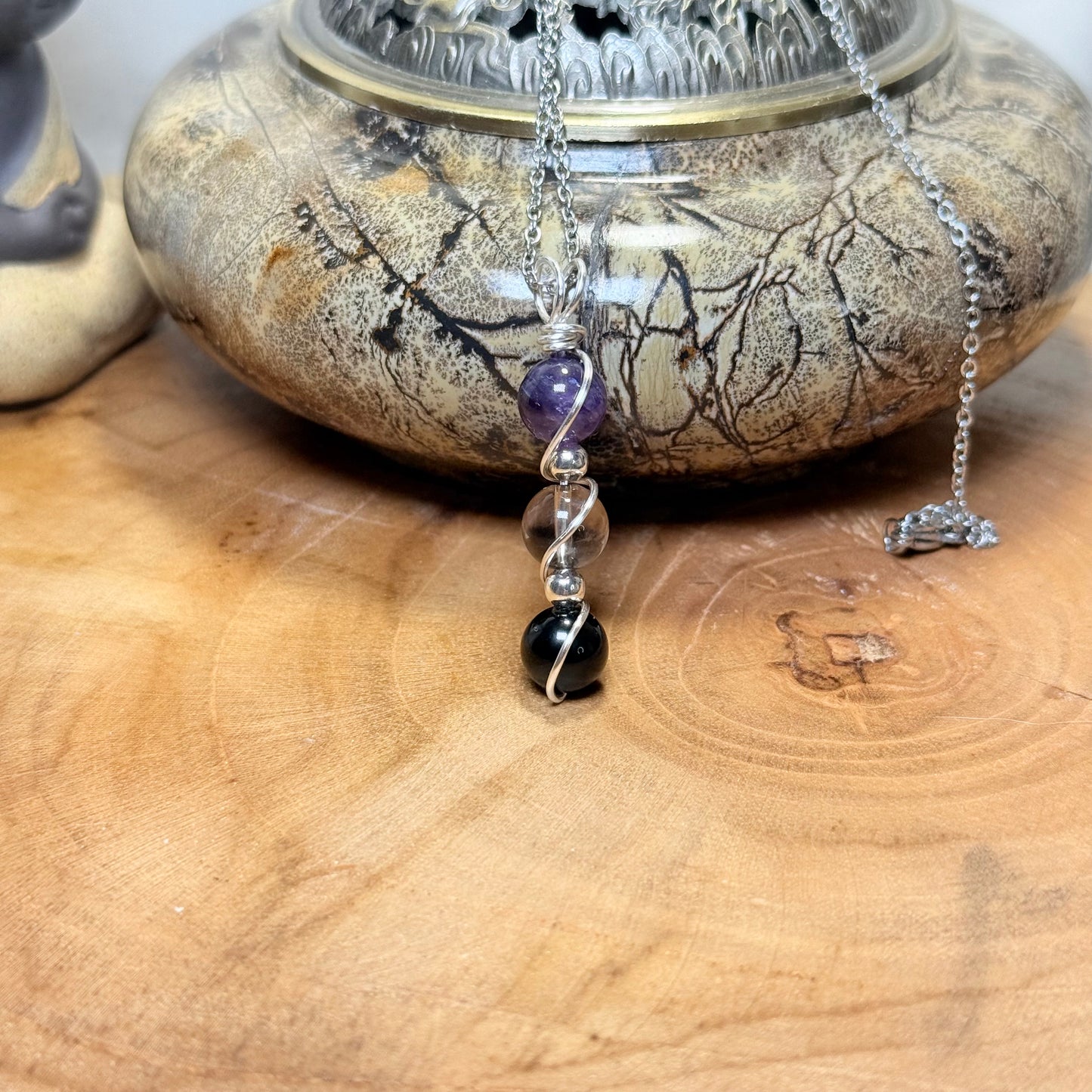 Sacred Shield Trinity Pendant - Obsidian, Smokey Quartz & Amethyst