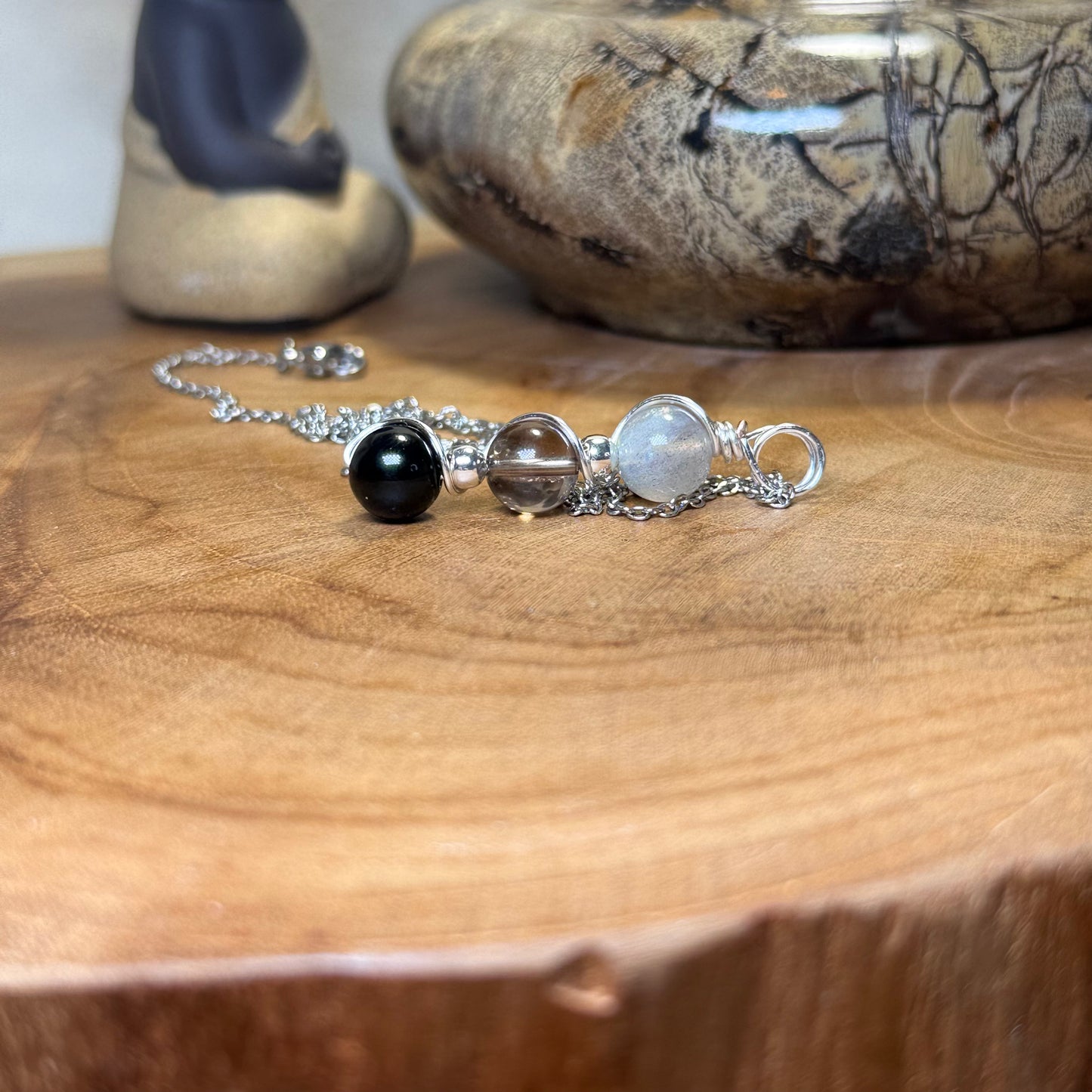 Ethereal Shield Trinity Pendant - Obsidian, Smokey Quartz & Labradorite