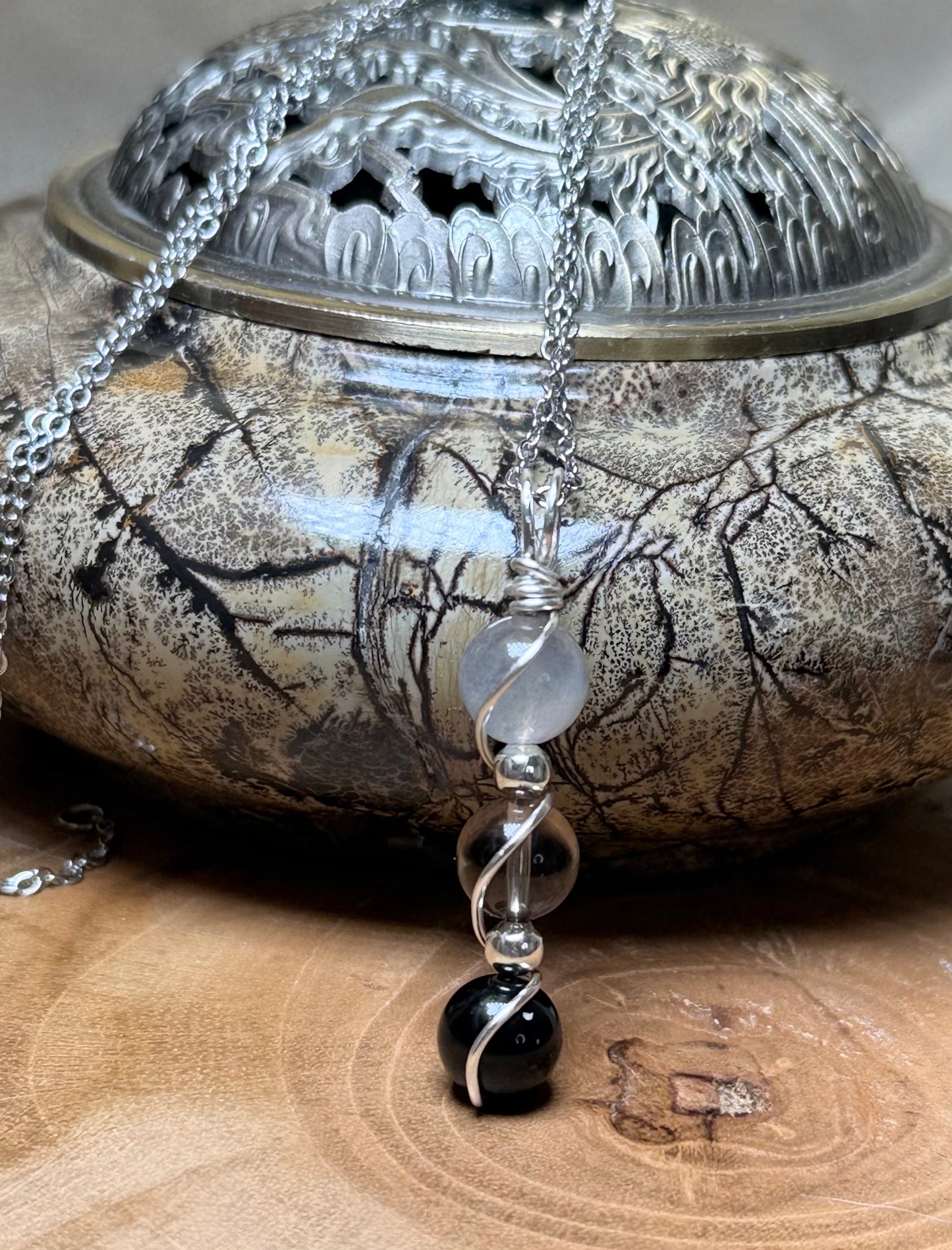 Ethereal Shield Trinity Pendant - Obsidian, Smokey Quartz & Labradorite