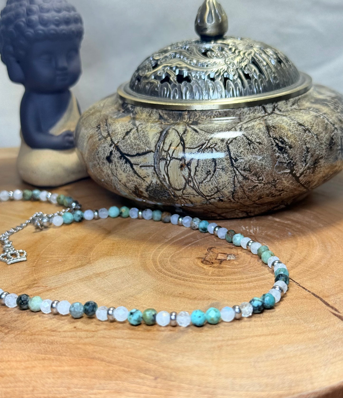 Sacred Horizon - Whispers of Light Choker - African Turquoise - Moonstone - 4mm Crystals, Stainless Steel findings, 15” + 2” Extender