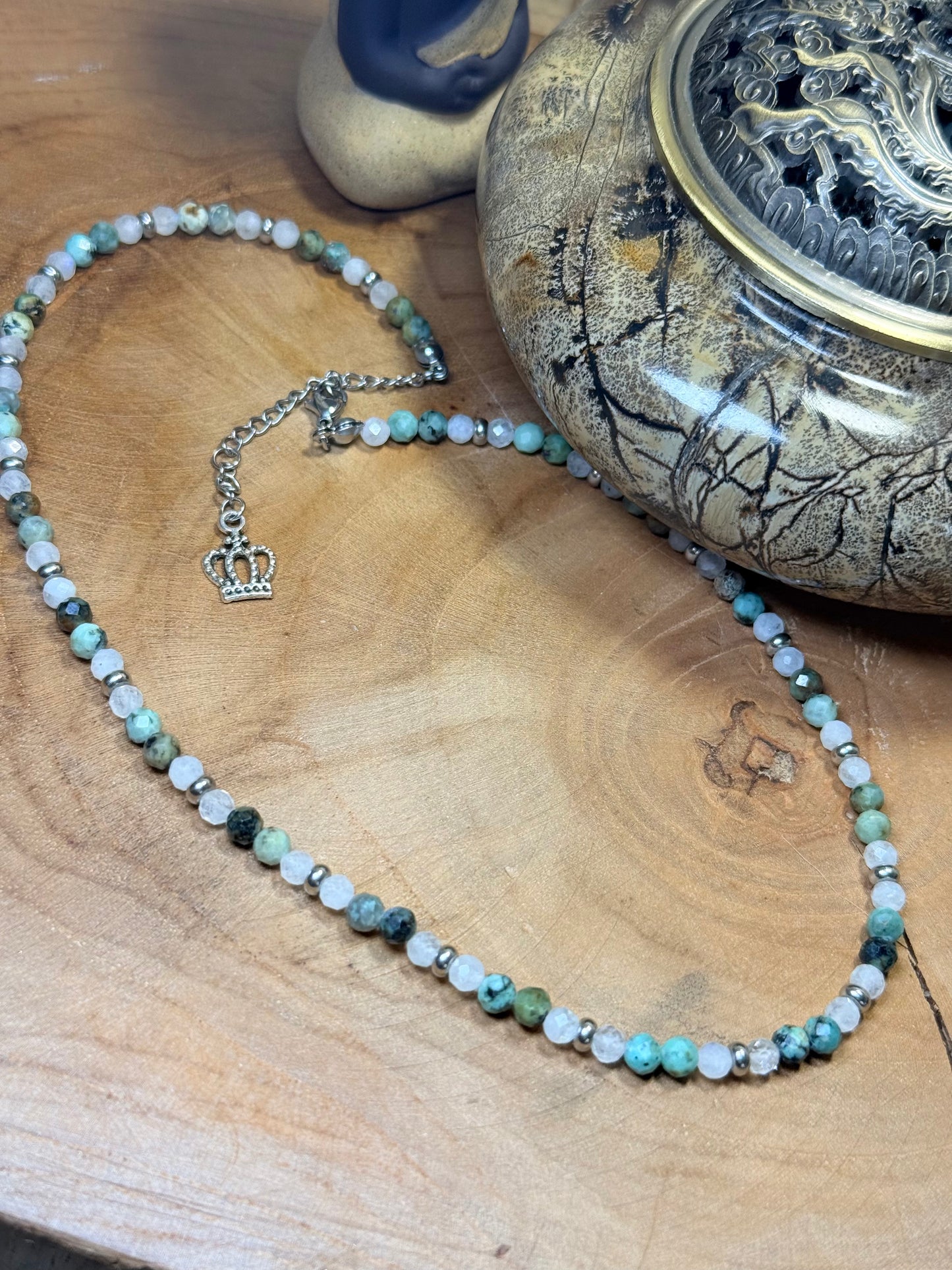 Sacred Horizon - Whispers of Light Choker - African Turquoise - Moonstone - 4mm Crystals, Stainless Steel findings, 15” + 2” Extender