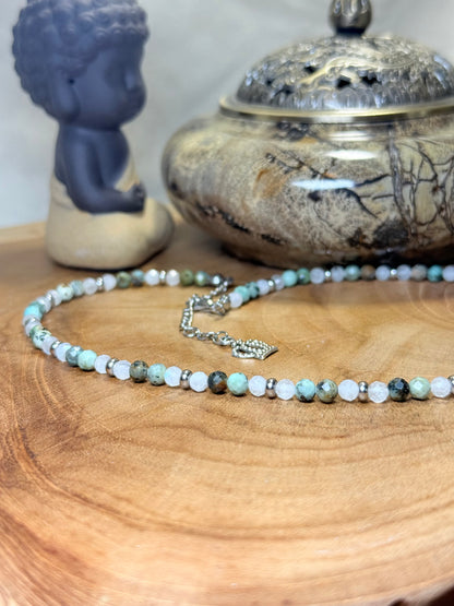 Sacred Horizon - Whispers of Light Choker - African Turquoise - Moonstone - 4mm Crystals, Stainless Steel findings, 15” + 2” Extender