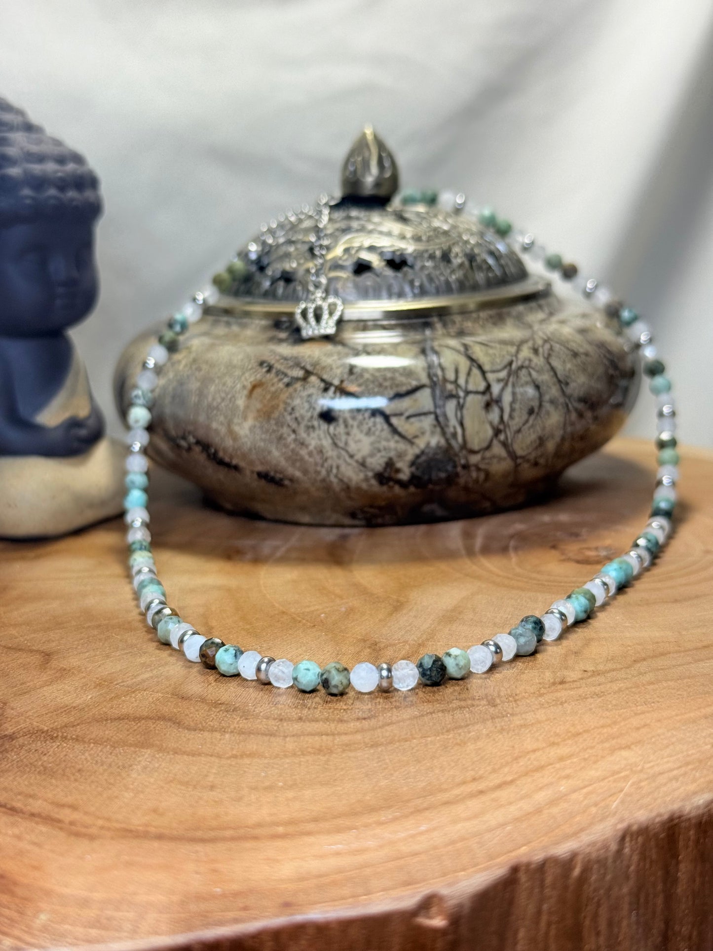 Sacred Horizon - Whispers of Light Choker - African Turquoise - Moonstone - 4mm Crystals, Stainless Steel findings, 15” + 2” Extender